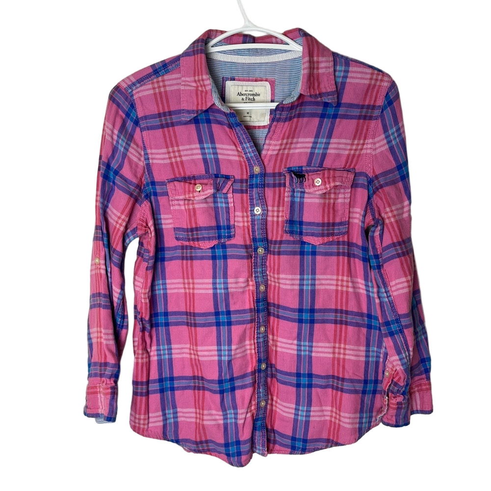 Abercrombie Fitch Womens Flannel Shirt M Pink Blue Plaid Cotton Button Up Cabin